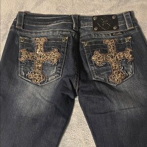 Miss Me Dark Blue Boot Cut Jeans with Gold Embroidery